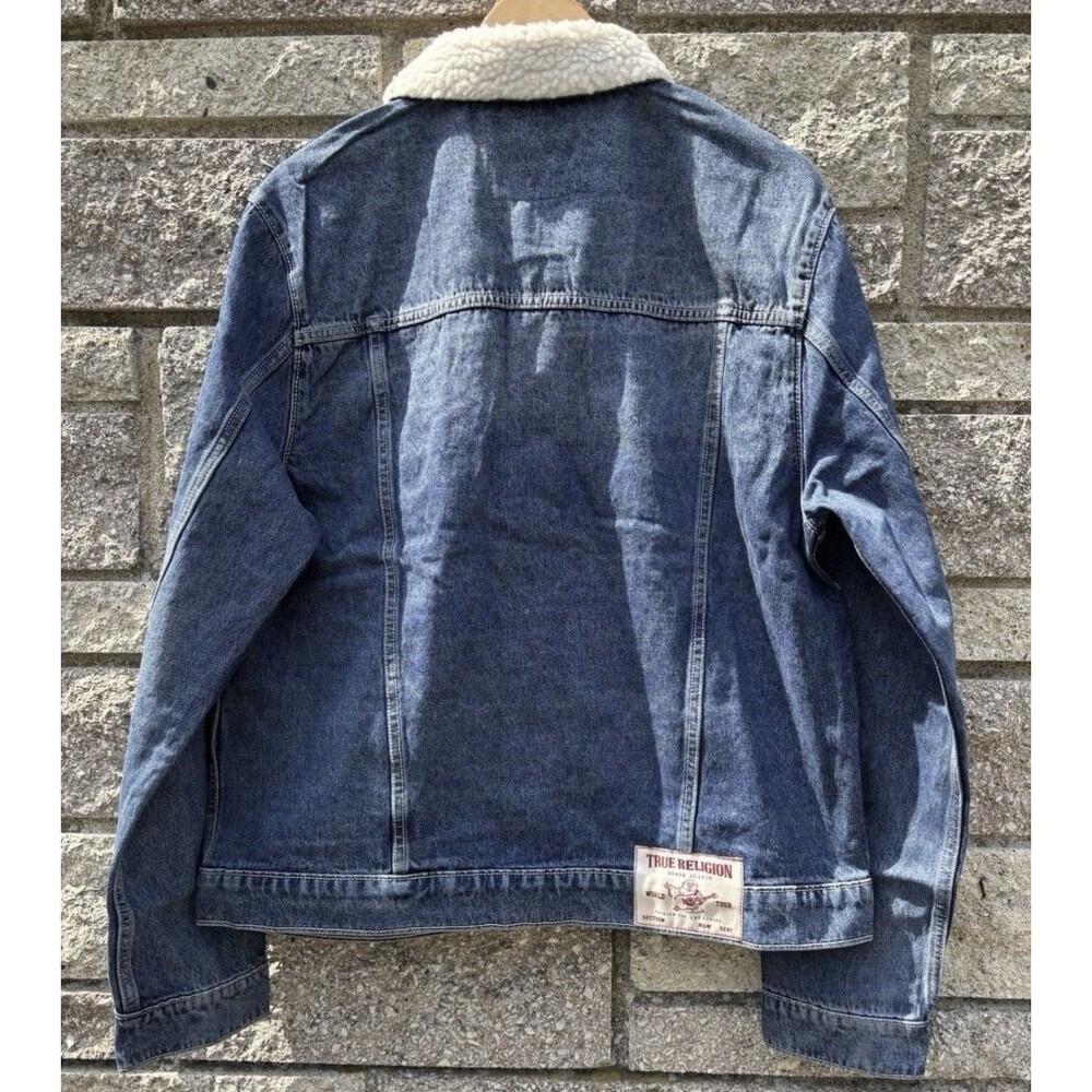 True Religion Sherpa Collar Denim Blizzard Wash Western Trucker Jacket Large - Picture 7 of 7